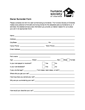 Cat Surrender Form - Humane Society of Charlotte -  humanesocietyofcharlotte: Fill out & sign online | DocHub