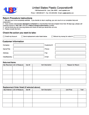 US Plastic Return Procedure Form