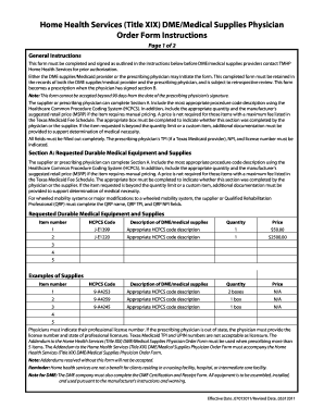 Home Health Services DME/Medical Supplies Physician Order Form