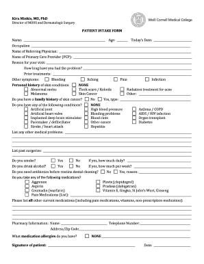 Patient Intake Form for Dermatologic Surgery