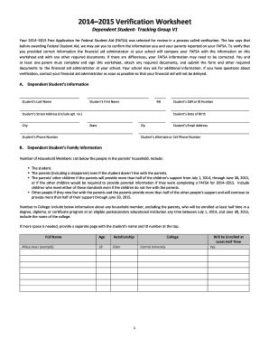 2014–2015 Verification Worksheet for Dependent Students
