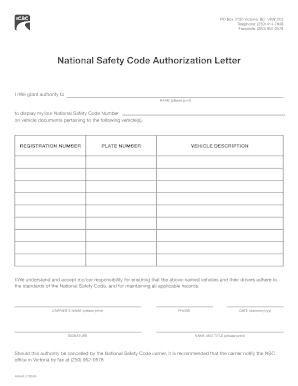 National Safety Code Authorization Letter