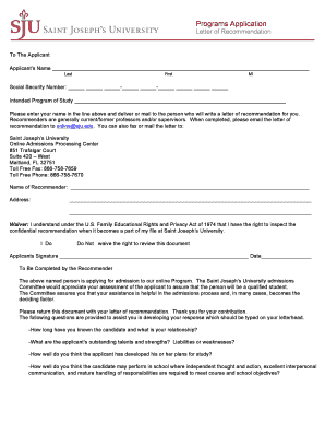 Saint Joseph's University Letter of Recommendation Form