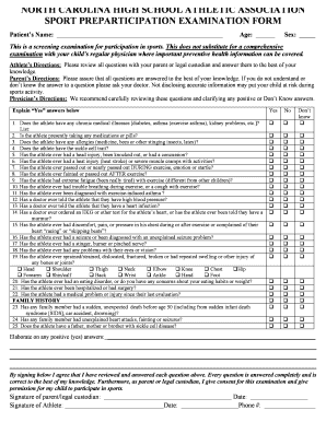 North Carolina High School Athletic Participation Exam Form