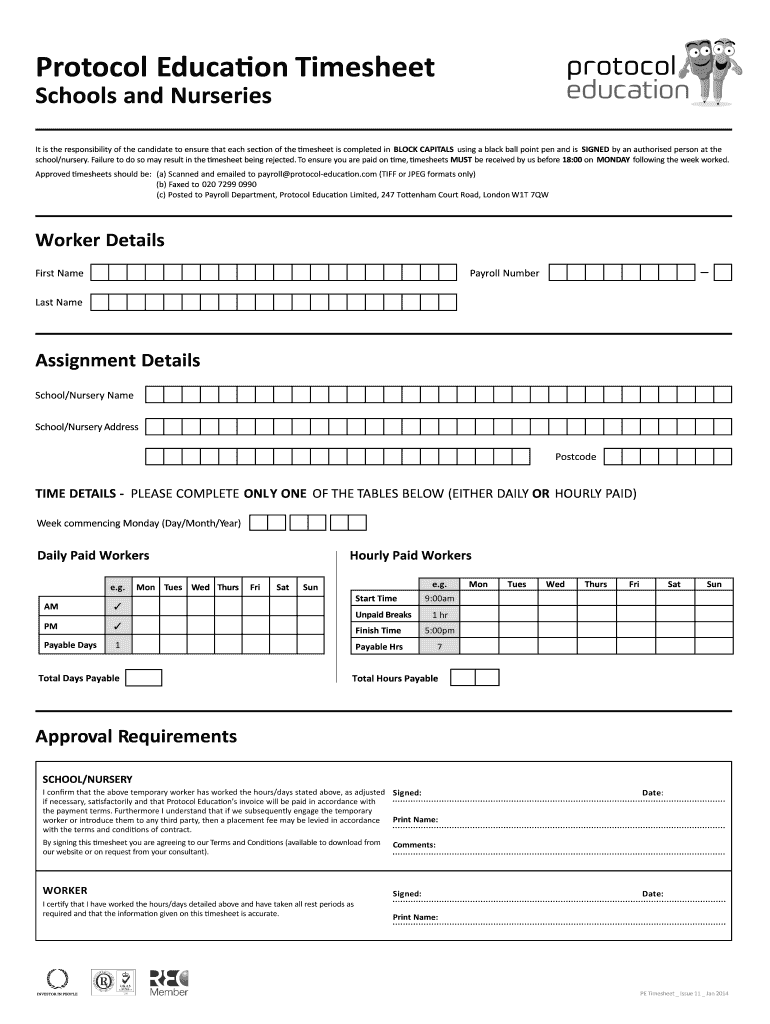 protocol education printable paper timesheet Preview on Page 1