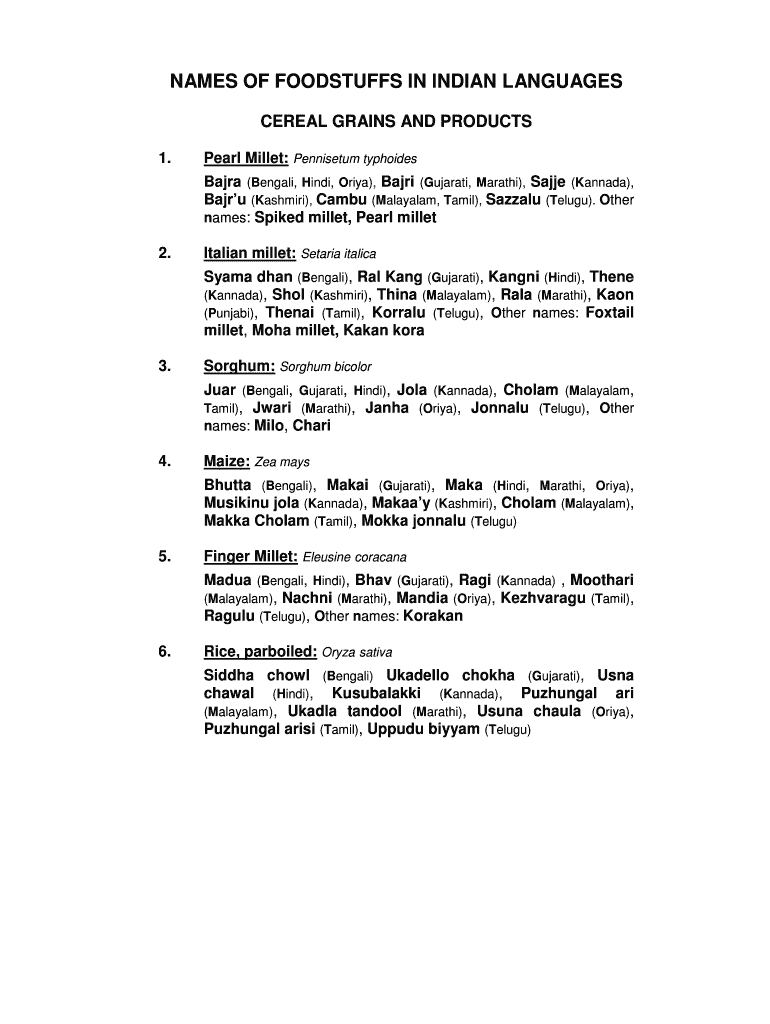 Fillable Online NAMES OF FOODSTUFFS IN INDIAN LANGUAGES Fax Email Print