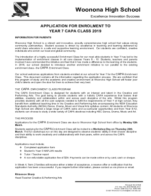 Fillable Online application for enrolment to year 7 capa class 2019 Fax ...
