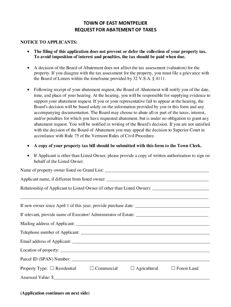 Fillable Online East Montpelier, VT Request for Tax Abatement Form
