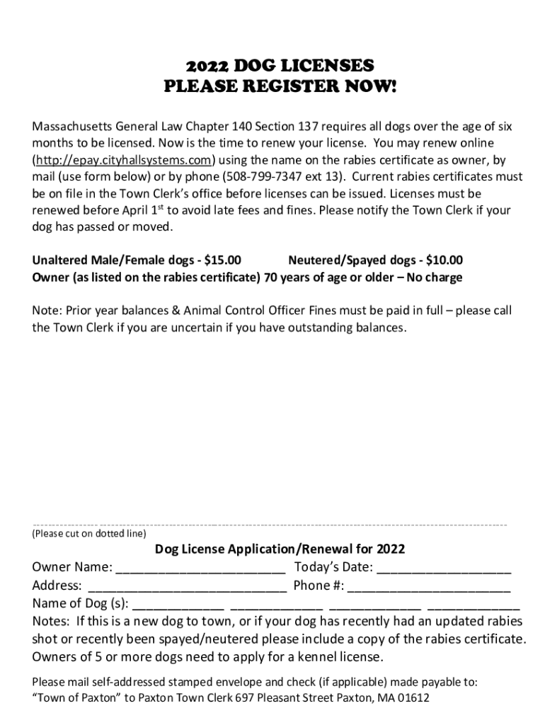 Fillable Online 2022 Dog License ApplicationRenewal Form Fax Email