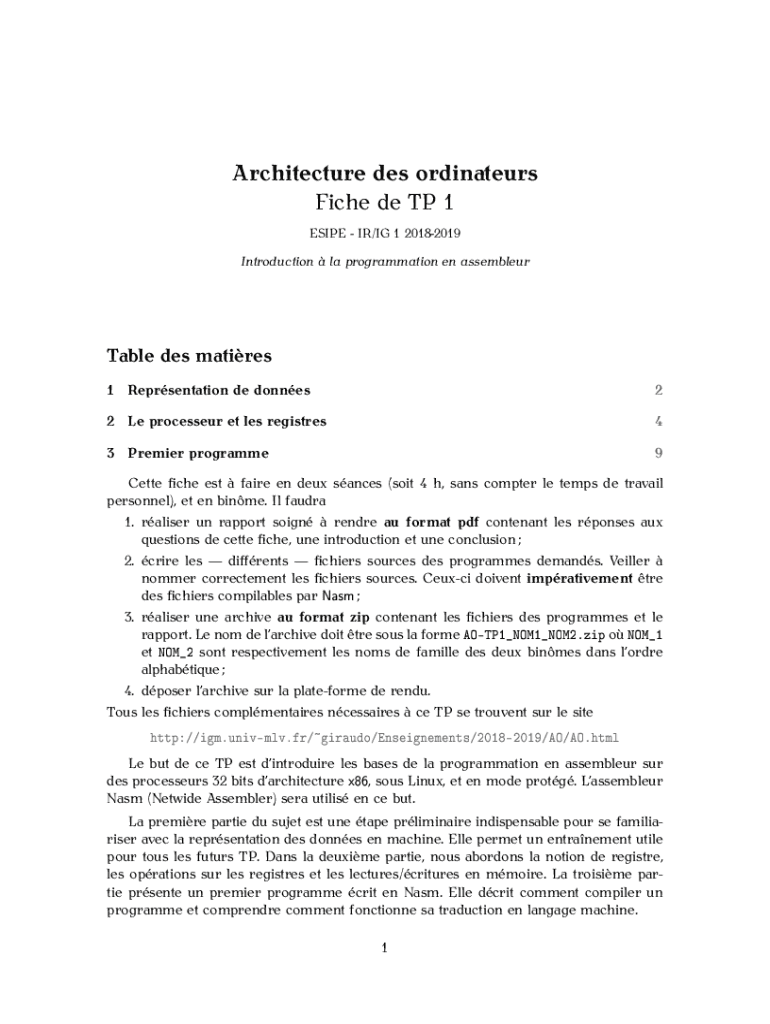 Fillable Online Igm Univ mlv Architecture Des Ordinateurs Fiche De TP 1 