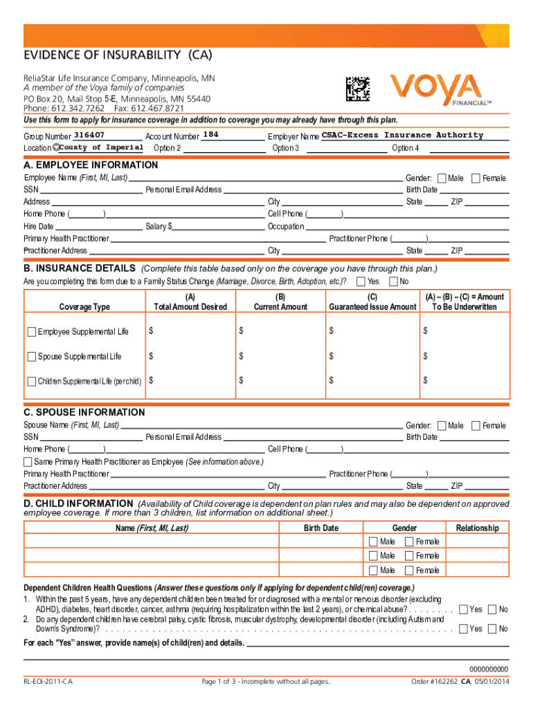 Fillable Online ReliaStar Life Insurance Company Voya Sponsor  Fax