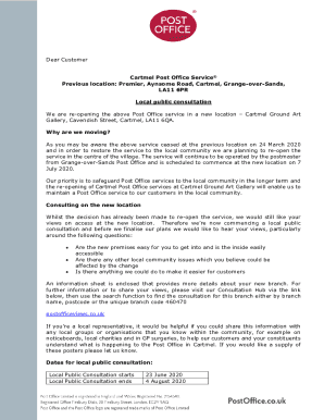 Dear Customer Cartmel Post Office Service Previous location