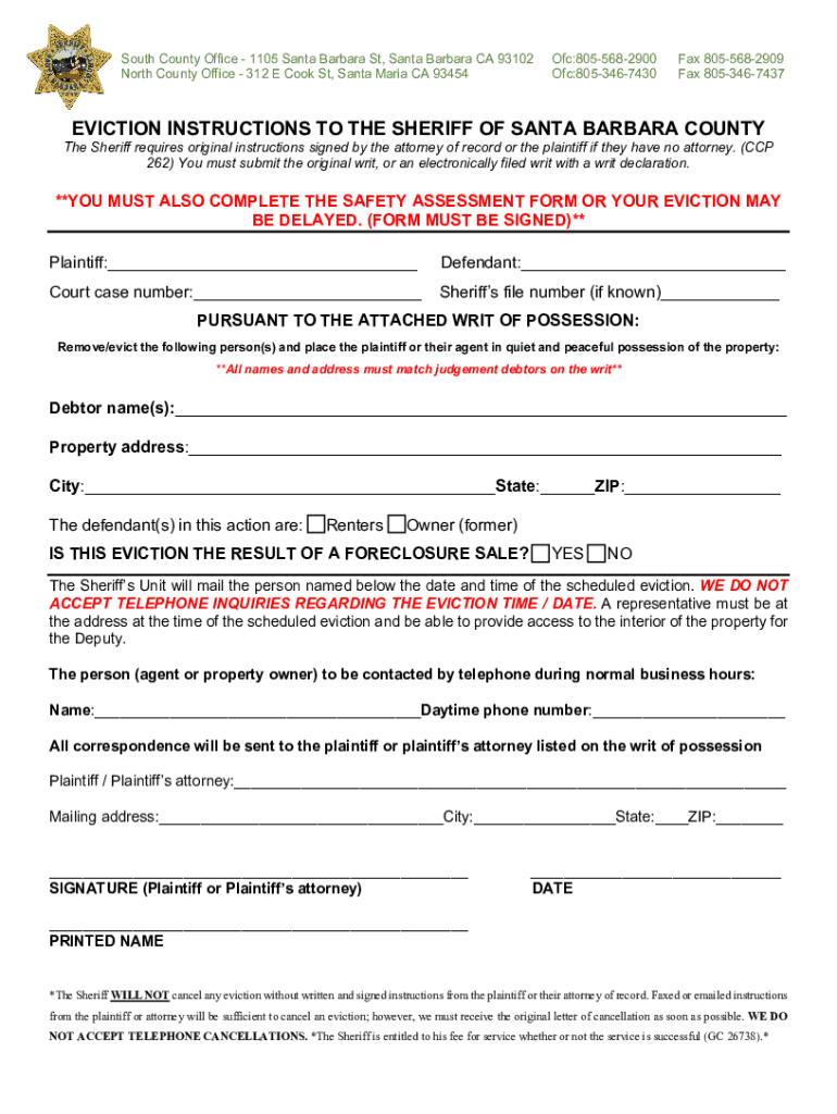 Fillable Online EVICTION PACKET AND INSTRUCTIONS Santa Barbara Fax