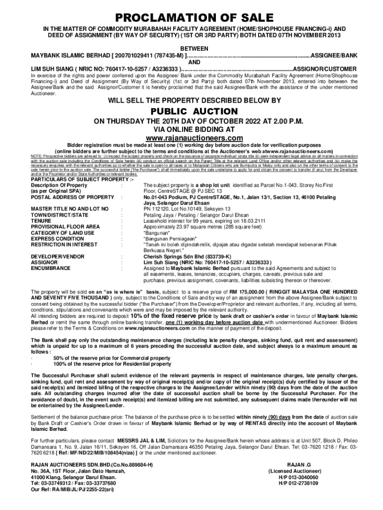 Fillable Online PROCLAMATION OF SALE - Rajan Auctioneer Fax Email Print ...