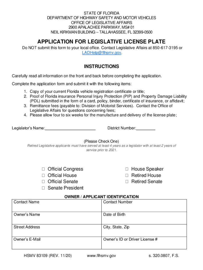 Application for Legislative License Plate. Official Legislative License Plate Preview on Page 1.