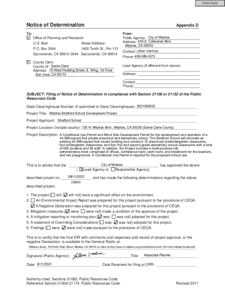 Fillable Online Notice of Determination City of Milpitas Fax Email