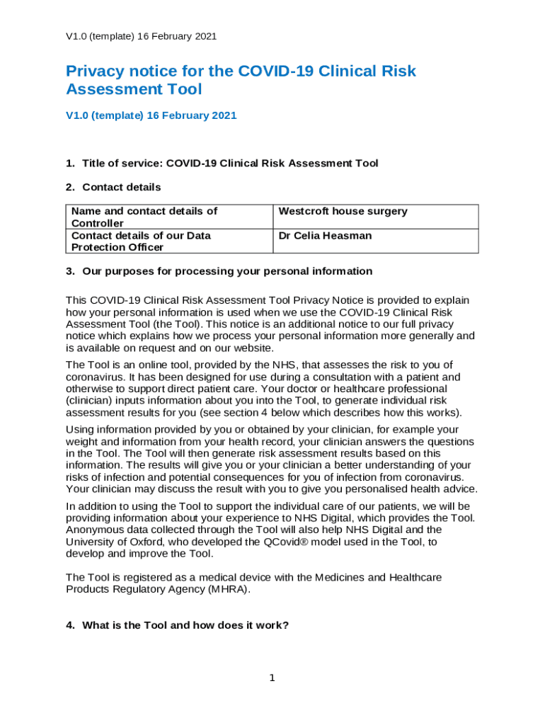 Privacy the COVID-19 Clinical Risk Assessment Tool Doc Template | pdfFiller