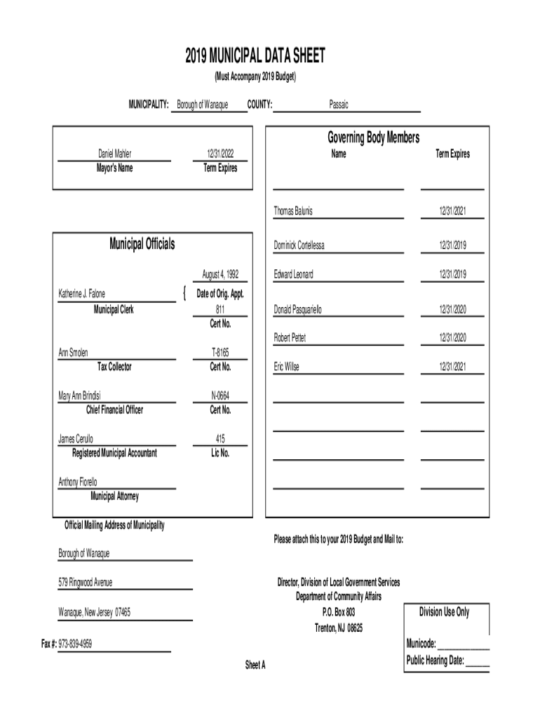 Fillable Online 2019 MUNICIPAL DATA SHEET Wanaque Borough Fax Email