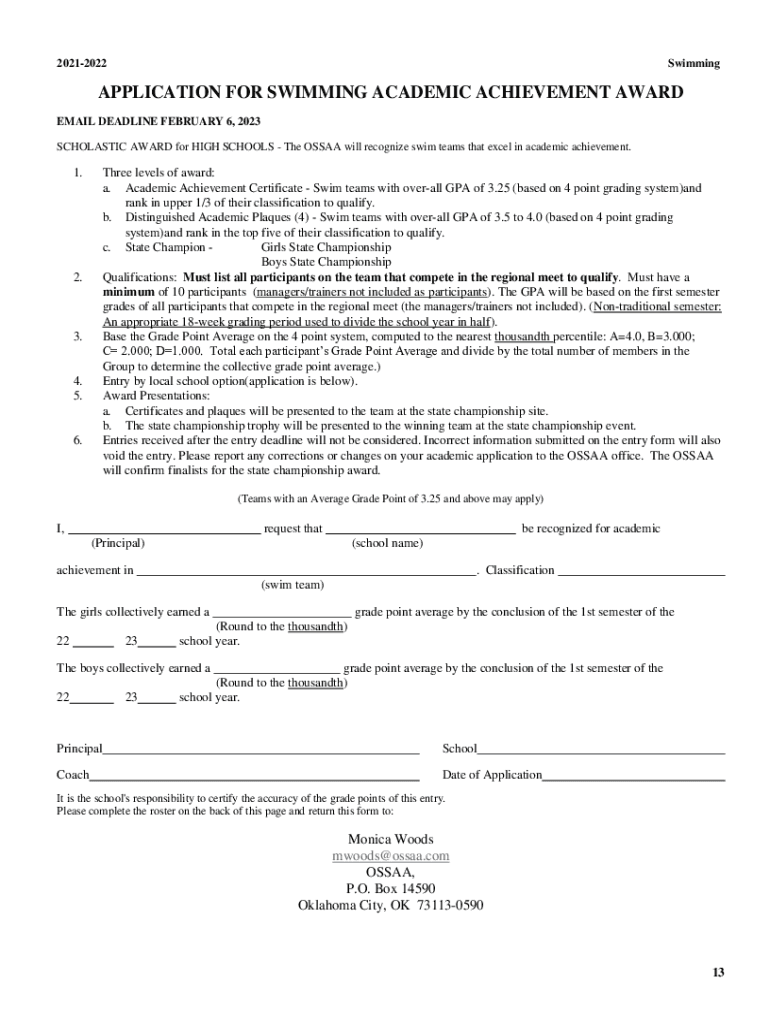 Fillable Online SCHOLASTIC AWARD for HIGH SCHOOLS The OSSAA will