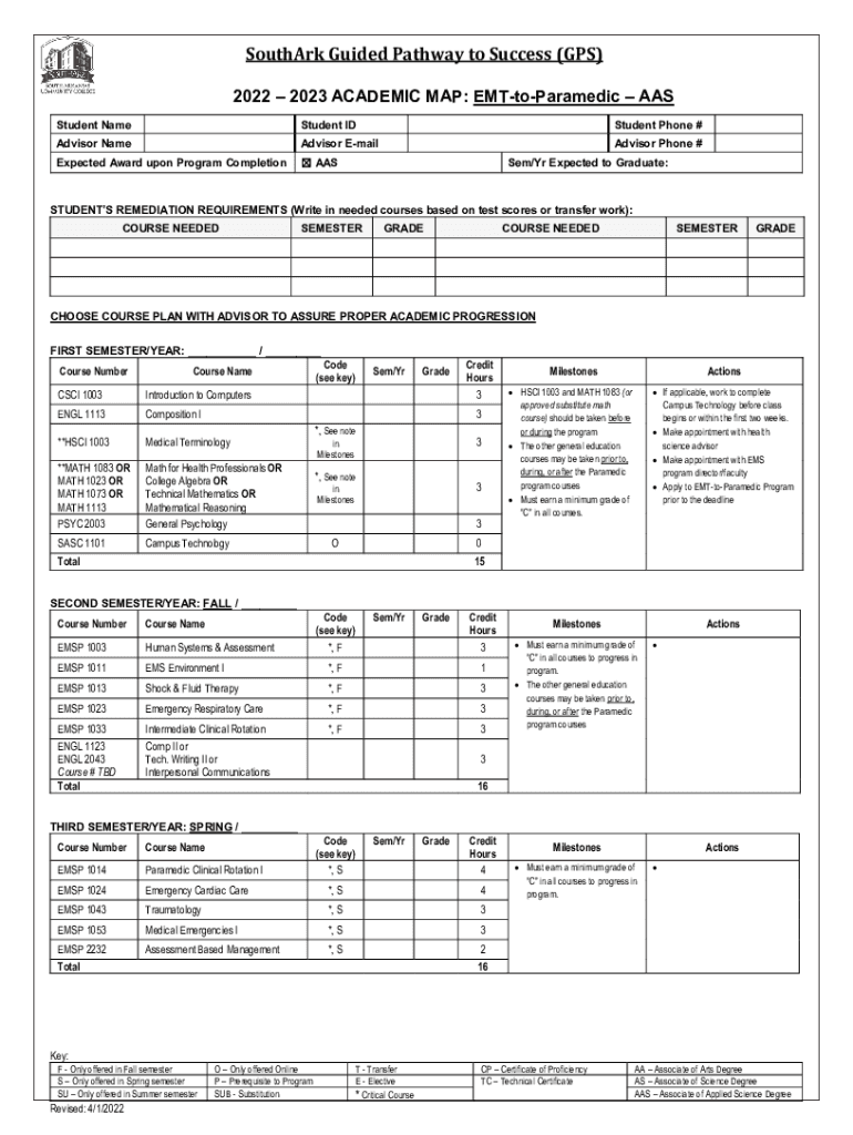Fillable Online EMTToParamedicTC South Arkansas Community College