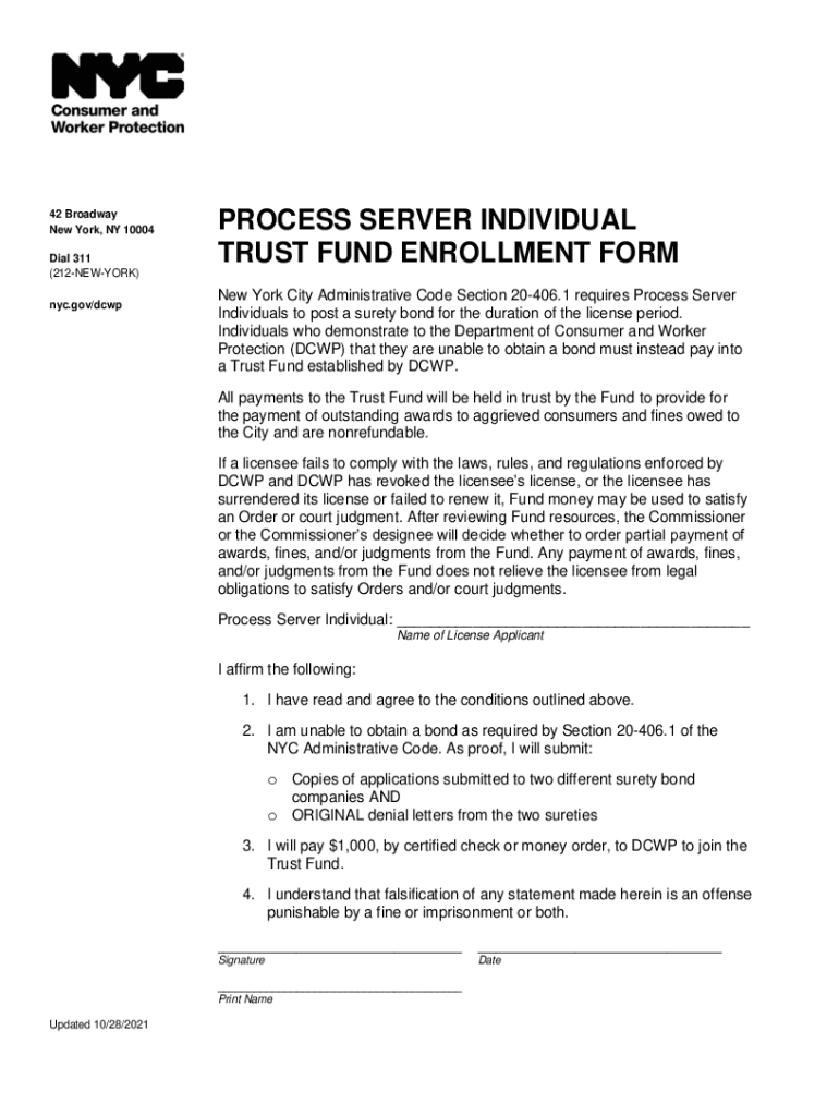 Fillable Online Process Server Individual Trust Fund Enrollment Form