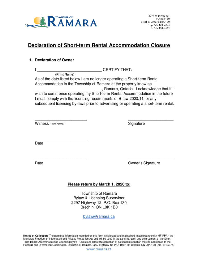 Fillable Online Township of Ramara Declaration of STRA Closure Fax