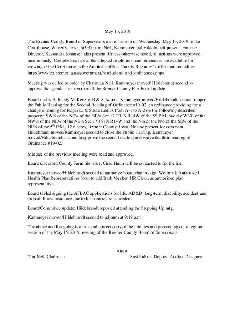 Fillable Online May 31, 2022 The Bremer County Board of Supervisors met