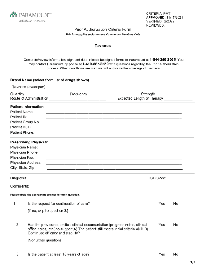 Fillable Online Prior Authorization Criteria Form Tavneos Fax Email ...