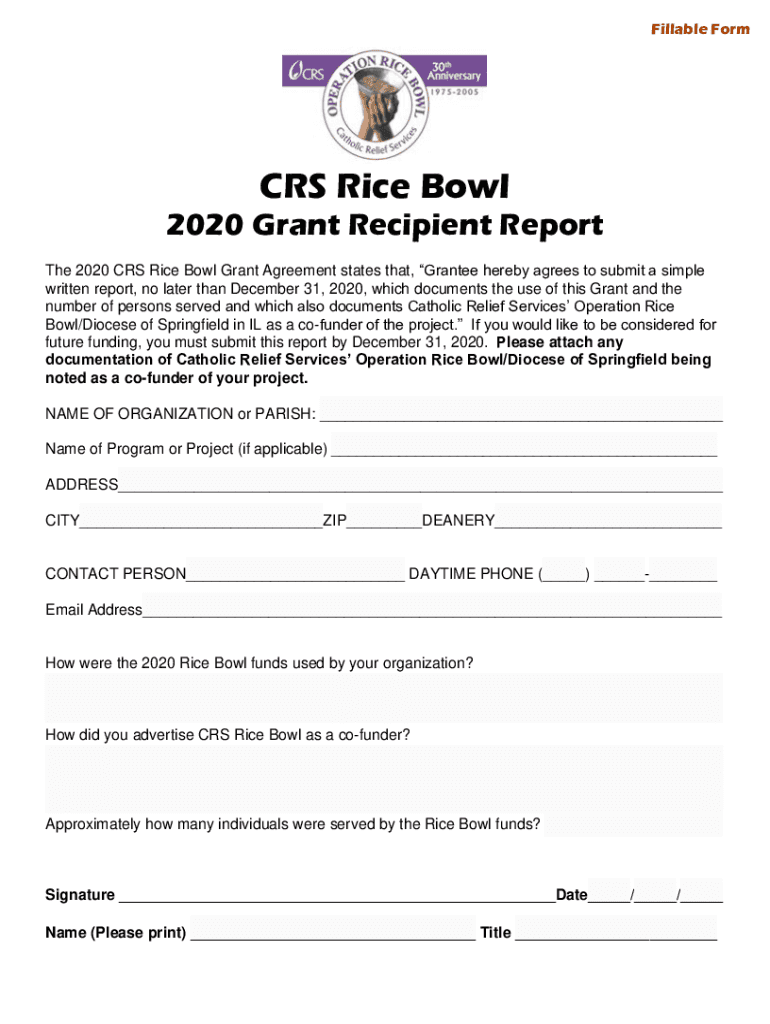 Fillable Online 2021 catholic relief services rice bowl grant report