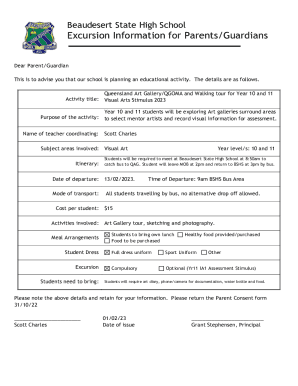 Fillable Online Beaudesert State High School - Excursion Information ...