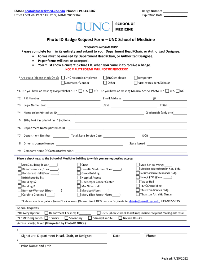 Fillable Online Photo ID Badge Request Form UNC Medical Center Fax