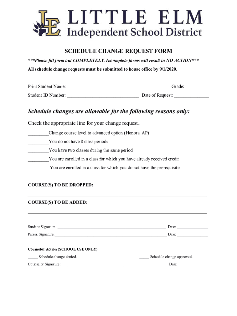 Fillable Online schedule change request form Little Elm ISD Fax Email
