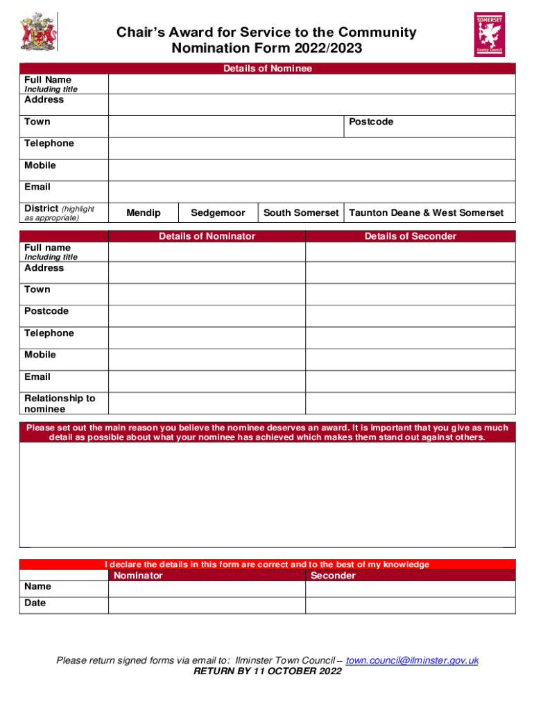 Fillable Online Chair's Award for Service to the Community Nomination