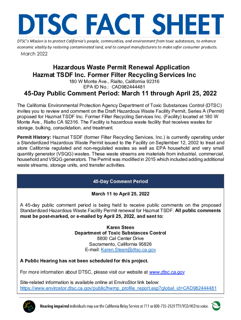 Fillable Online dtsc ca Hazmat TSDF Hazardous Waste Permit Renewal