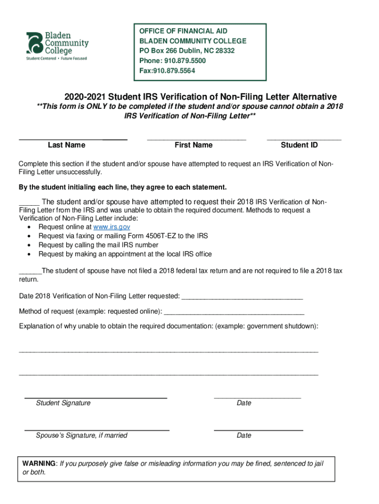 Fillable Online 2020 2021 Student Irs Verification Of Non Filing Letter Fillable Online 2020 2021 Student Irs Verification Of Non Filing Letter