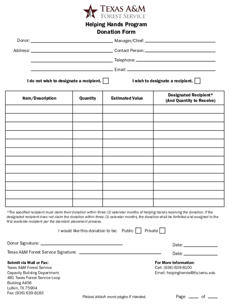 Fillable Online Helping Hands Program Donation Form Fax Email Print