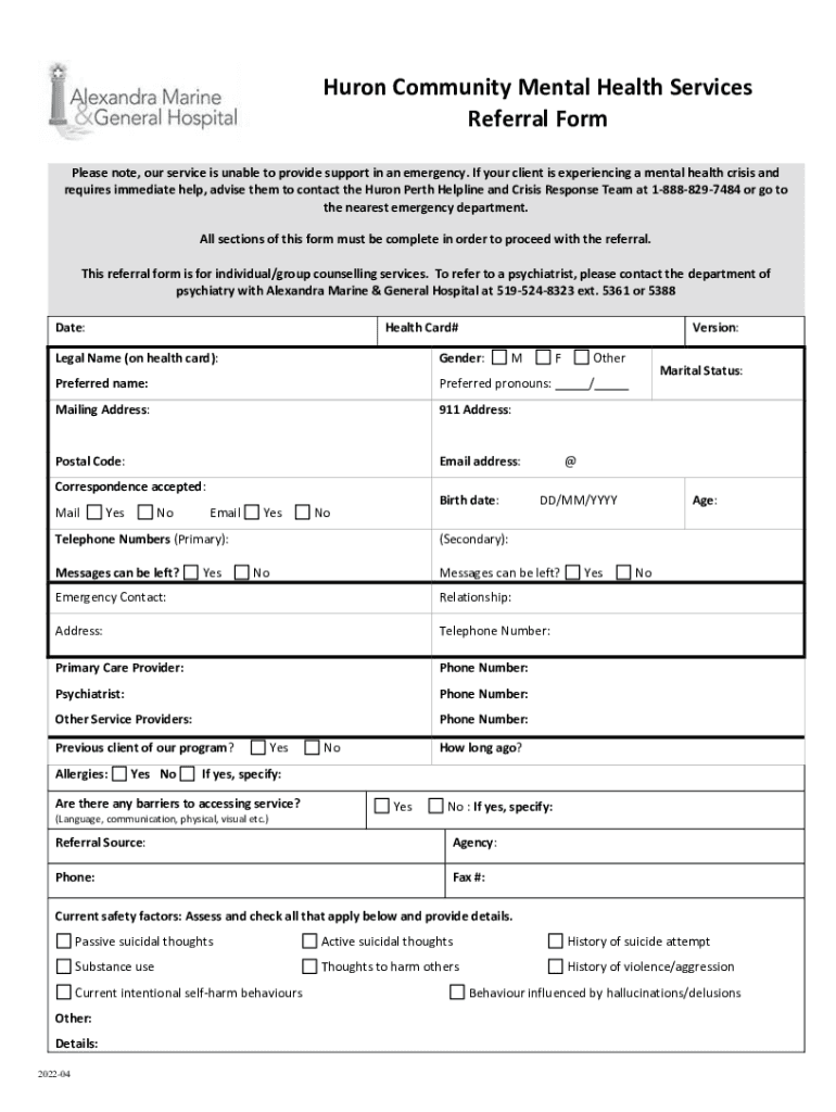 Fillable Online Huron Community Mental Health Services Referral Form