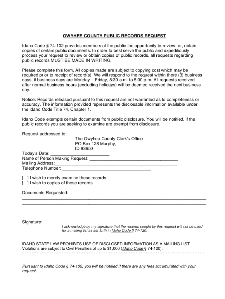 Fillable Online OWYHEE COUNTY PUBLIC RECORDS REQUEST Idaho Fax