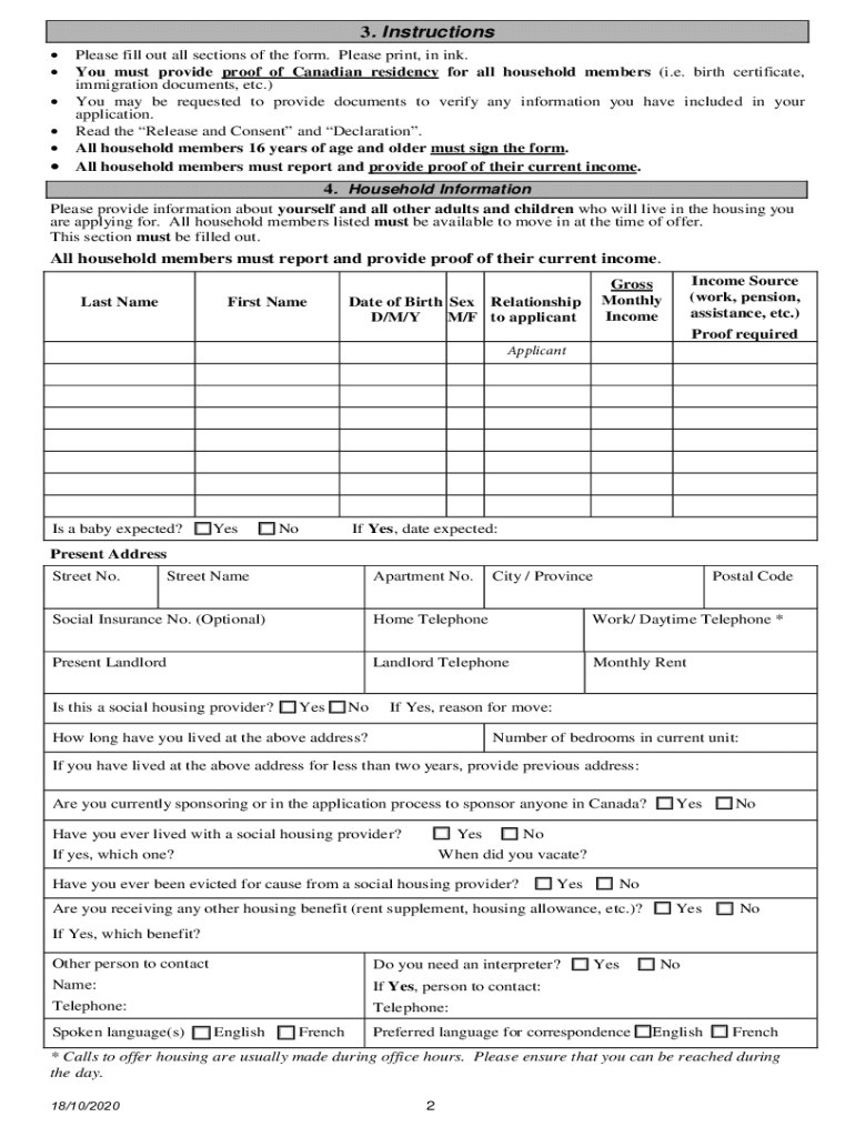 Fillable Online Application for Subsidized Housing in Ottawa Fax Email