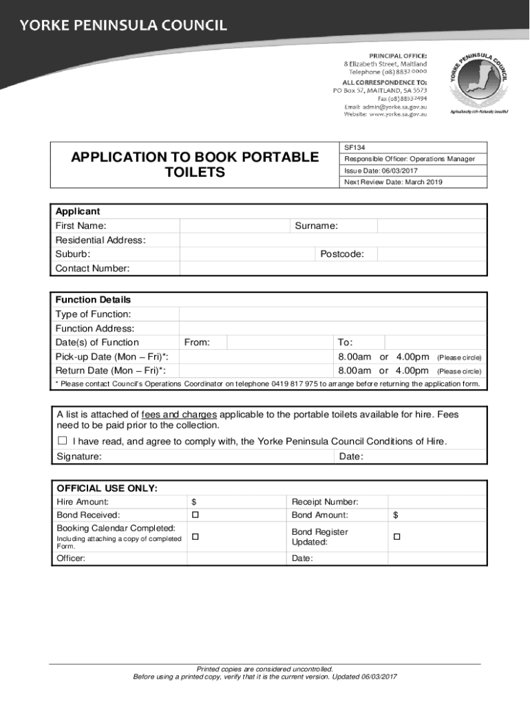Fillable Online yorke sa gov Application to Book Portable ToiletsYorke