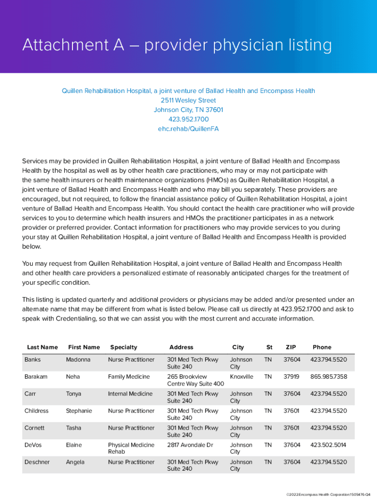 Fillable Online Quillen Rehabilitation Hospital, a joint venture of