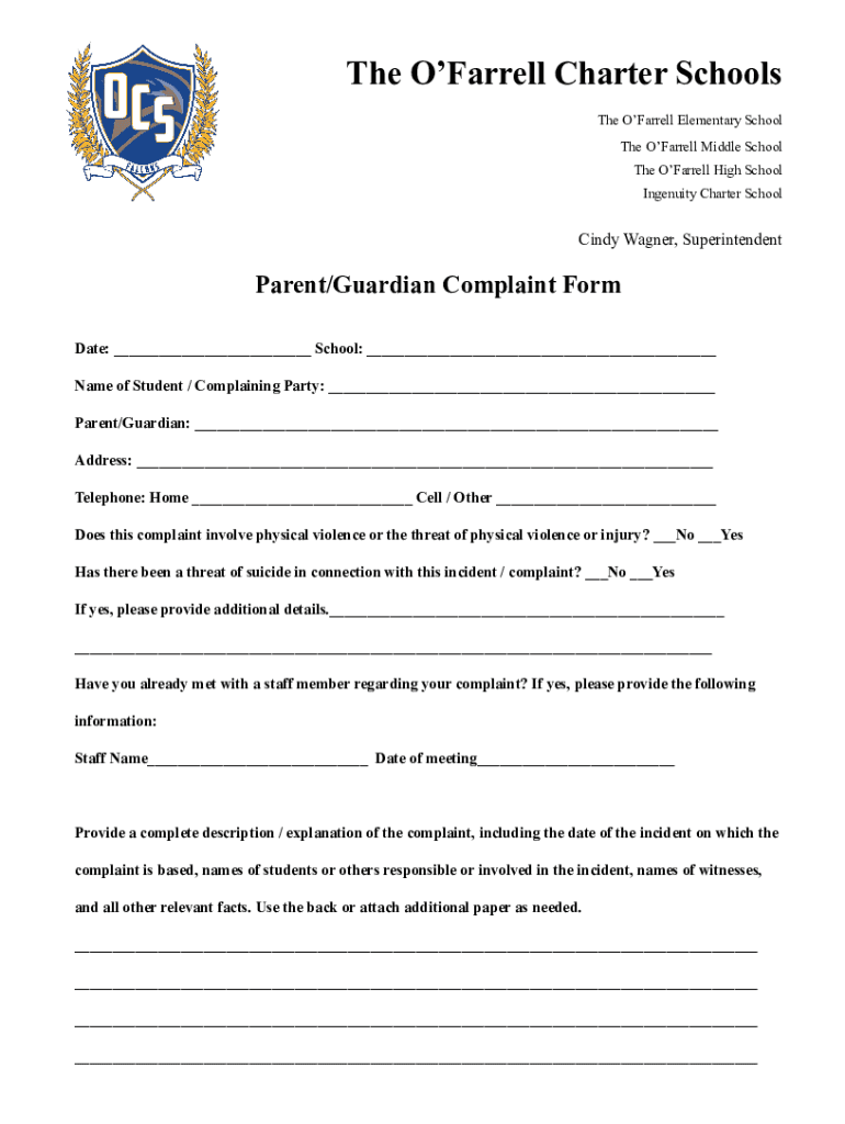 Parent Complaint Form Preview on Page 1