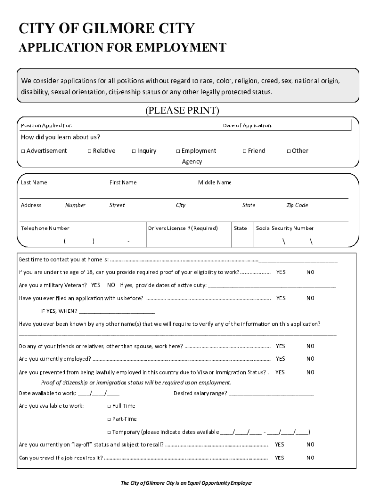 Fillable Online city of gilmore city application for employment