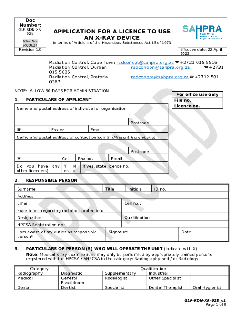 application for a licence to use an xray device SAHPRA Doc Template