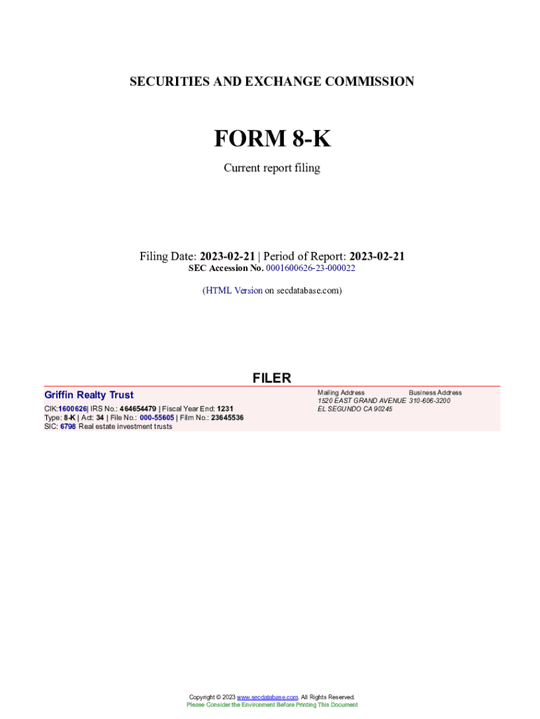 Fillable Online Griffin Realty Trust Form 8K Current Event Report Filed 2023 Fax Email