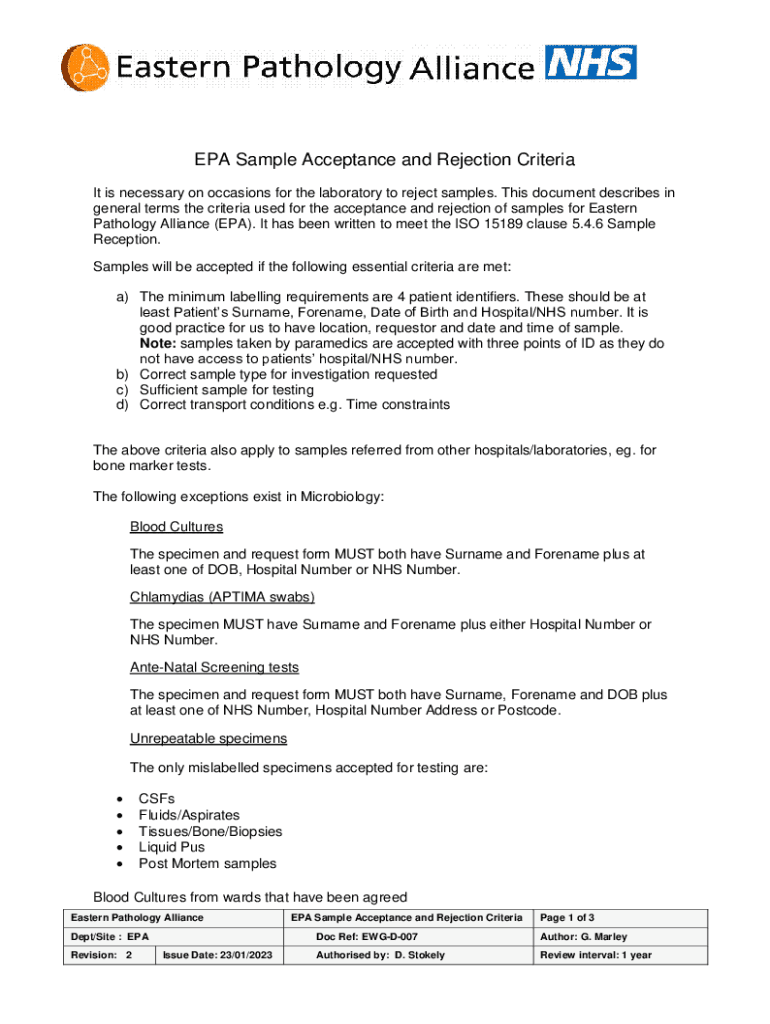 Fillable Online EPA Sample Acceptance and Rejection Criteria Fax Email
