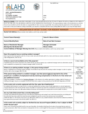 Declaration of Intent to Evict in Order for Resident Manager