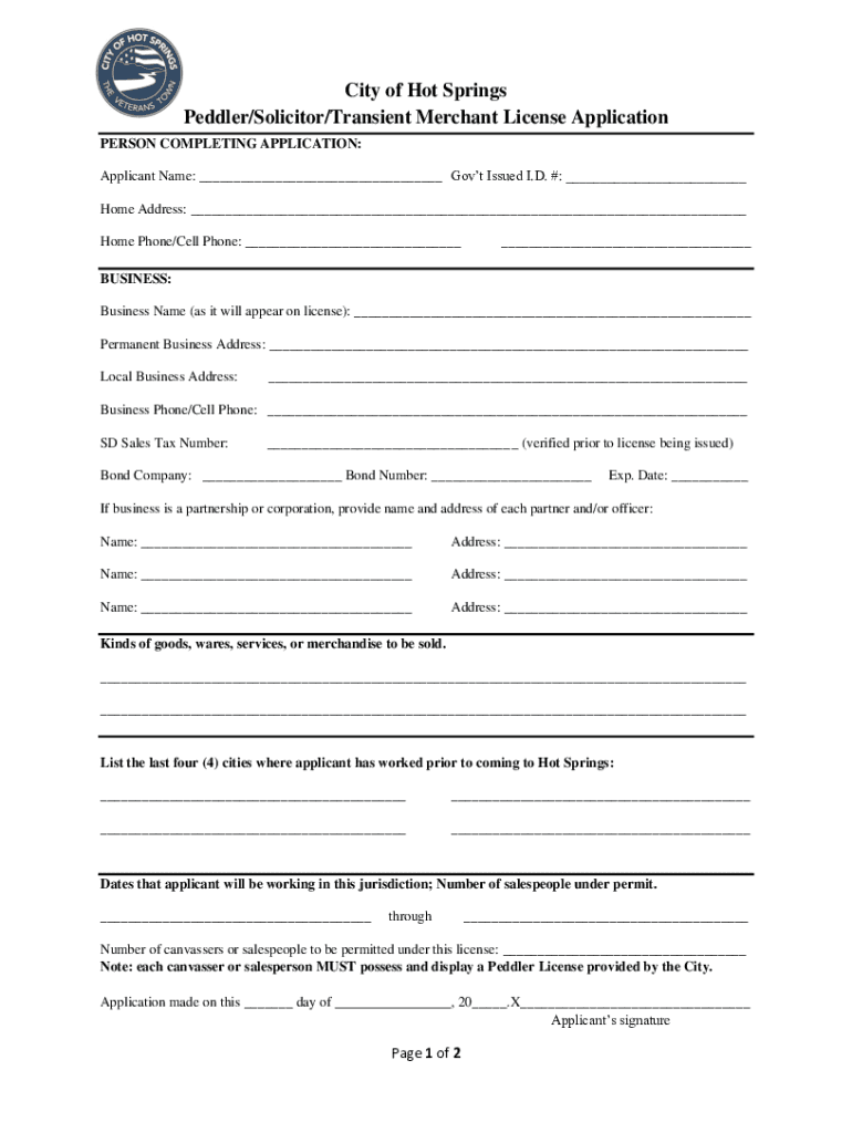 Fillable Online Permits, Licenses & Forms City of Hot Springs, SD Fax
