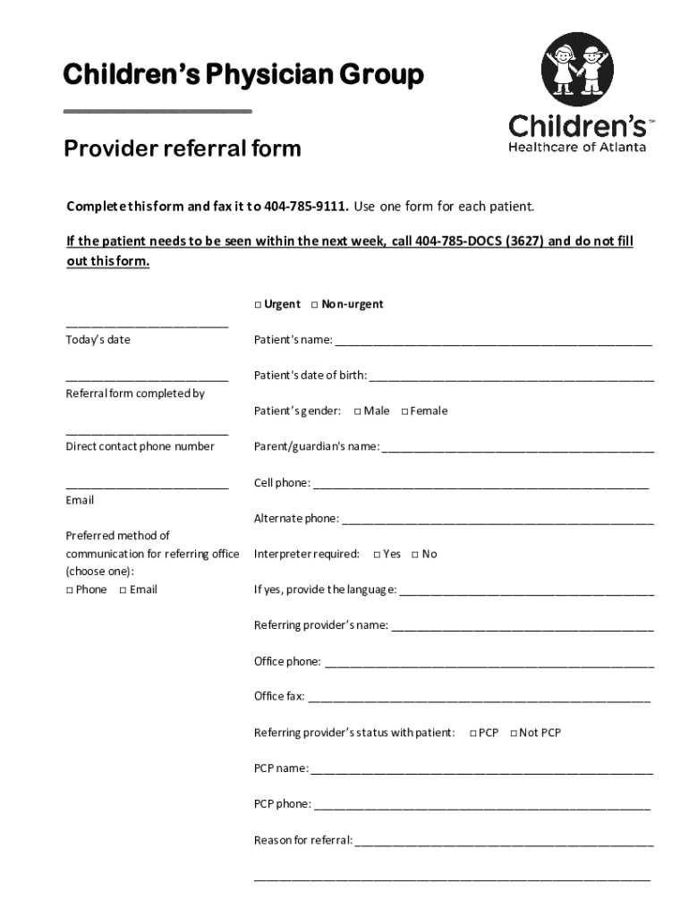 Fillable Online Provider Referral Form Children's Healthcare of