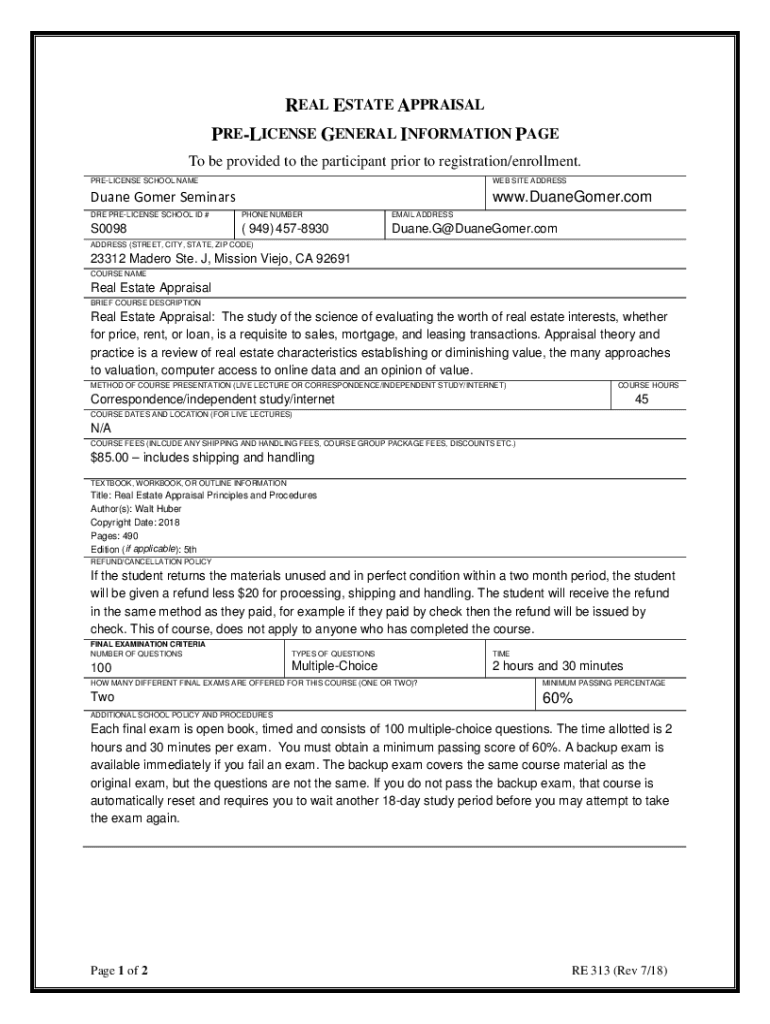 Fillable Online real estate appraisal prelicense general information
